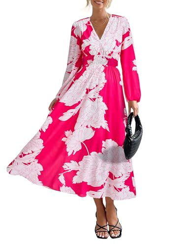 PRETTYGARDEN Women's Floral Midi Dress Casual Fall V Neck Long Sleeve Flowy Spring Beach Wedding Guest Vacation Dresses