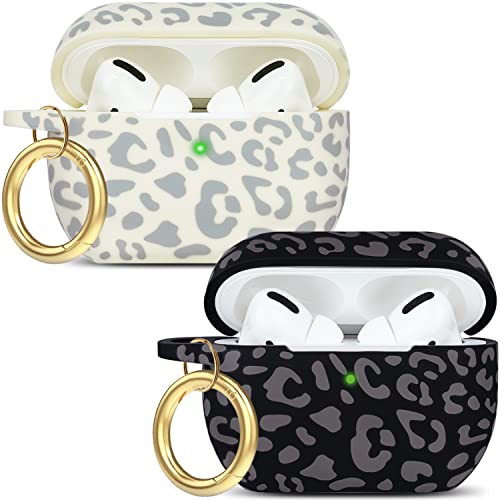 Gawnock Leopard Silicone Compatible with AirPods Pro Case 2019, Soft Case Cover Flexible for Print Cover for Women Girls with Keychain - (2Pack Gray + Beige Leopard)