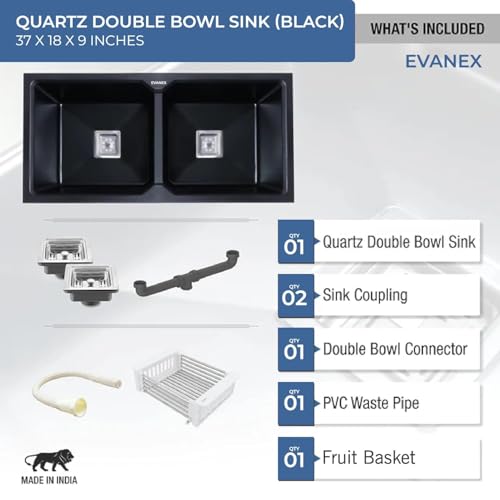Image of EVANEX Quartz Sink for Kitchen | Double Bowl | Topmount /Undermount Kitchen Sinks | Black Double Sink with Connector, Waste Pipe, Coupling and Drain Basket | 37x18x9 Granite Kitchen Sinks