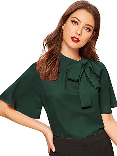 Shein Women's Casual Side Bow Tie Neck Short Sleeve Blouse Shirt Top Medium Dark Green #TOP1