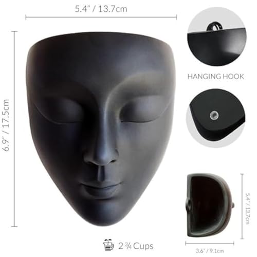 Image of Ceramic Lady Face Wall Hanging Planter | 17.5 x 13.5 cm Abstract Face Vase for Indoor Wall, Living Room, Balcony & Home Decor (Black)