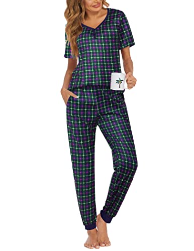 Image of Ekouaer Pajamas for Women Set 2 Piece Fall Lounge Sets Short Sleeve Pjs Joggers Long Pants Sleepwear with Pockets