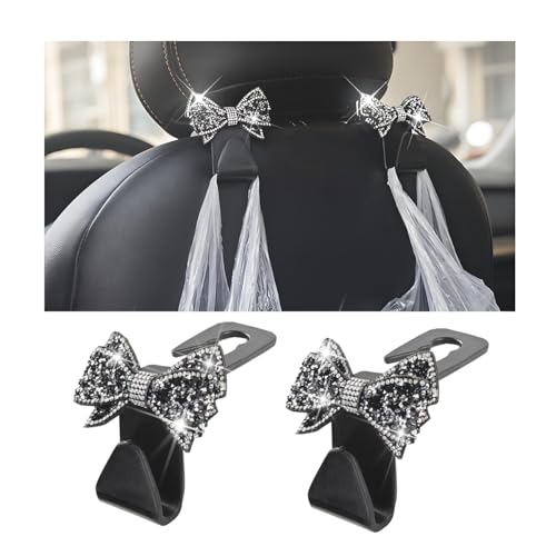 Zpana Bling Car Headreat Hook, 2PCS Crystal Rhinestone Cute Bow Vehicle Seat Back Hanger Storage for Purses Bags Grocery, Diamond Auto Rear Seat Organizer, Universal for SUV Truck Sedan (Black)