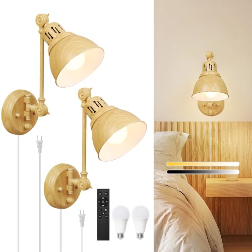 Image of GOODATE 2 Pack Plug in Wall Sconces with Remote Control, Dimming, Adjustable Colors 2700K-6500K, Swing Arm Wall Lamps with Night Light & Timer, Plug-in or Hardwired, LED Bulbs Included, Oak Finish