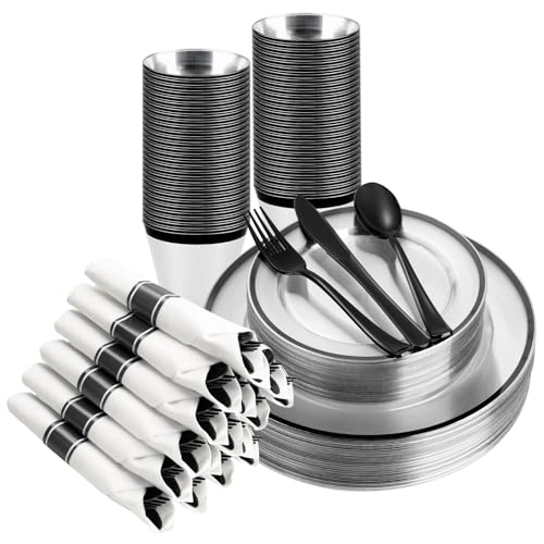 BESTSTAR 175PCS Clear and Black Disposable Plates Set for 25