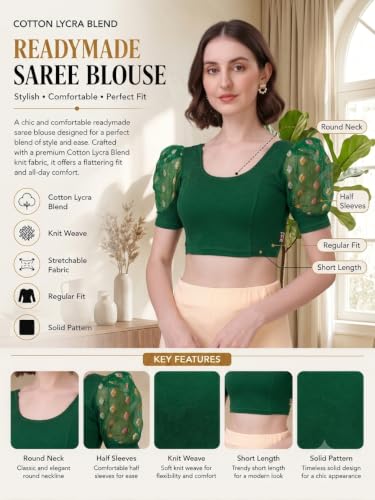 Image of SFT Women's Cotton Lycra Blend Readymade Saree Blouse with Round Neck Half Sleeves Solid Pattern Knit Weave Regular Fit and Pull On Closure