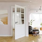 36' x 80' Clear Glass Slab Door, 6-Lite Glass French Interior Door, Pre-Finished Paintable Single Panel for Living Room Pantry Laundry Closet as Prehung, Pocket, Bifold Barn Doors-Shaker w/o Hardware