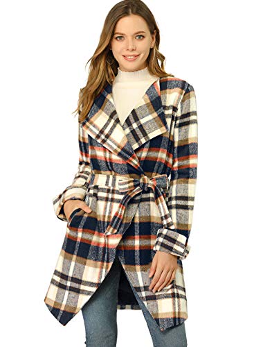 Allegra K Women's Plaid Belted Wrap Overcoat Shawl Collar Asymmetric Hem Fall Winter Coat