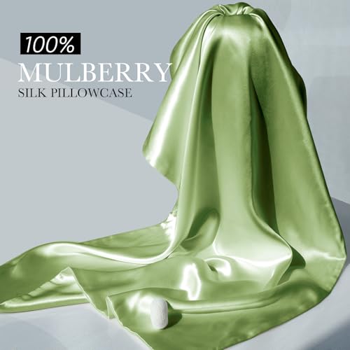 100% Mulberry Silk Pillowcase for Hair and Skin, 22 Momme Pure Natural Silk Pillow Case Both Sided with Zipper, Pillow Cover for Women Mom Men (Light Green, King 20''×36'')