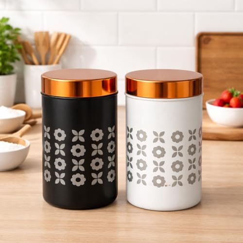 Image of DARAZ Kitchen Storage Canisters, Black and White Floral Pattern, Steel Perfect for storing tea, coffee, sugar, nuts, dried fruits, 750ml, Set of 2