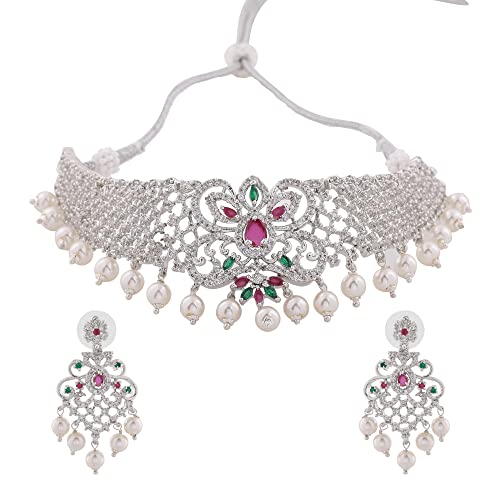 Estele Rhodium Plated CZ Elegant Bridal Choker Necklace Set With Pearls for Women (B09VT4X44F) Amazon Price History, Amazon Price Tracker