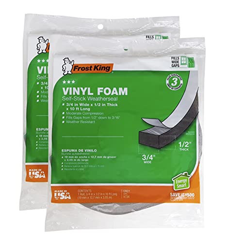 Frost King V734H Vinyl Foam Tape - Closed Cell - Moderate Compression, 3/4-Inch X 1/2-Inch X 10-Feet, Gray - 2 Pack #TOP2