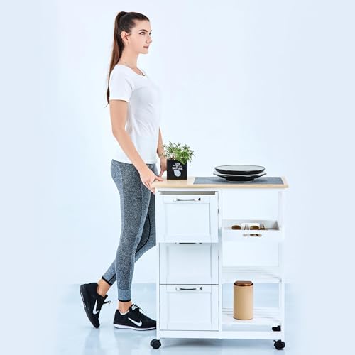 Foto von Anaterra® Küchenwagen - mit Rollen, 67x37x84 cm, 3 Ebenen, 3 Schubladen, Arbeitsplatte, Ablage, Holz, Landhausstil, Weiß - Servierwagen, Rollwagen Küche, Kücheninsel, Küchenregal, Küchenschrank