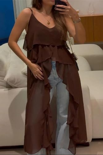 Women Split Front Ruffle Flowy Long Cami Shirt Sleeveless Backless Spaghetti Strap Layer Chiffon Maxi Tank Top 5