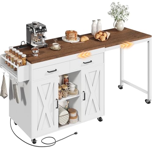 Image of YATINEY Extendable Kitchen Island, Mobile Kitchen Cart, Multifunctional Island Table with Charging Station, Large Drawers, Spice Rack, White ZD03UWH