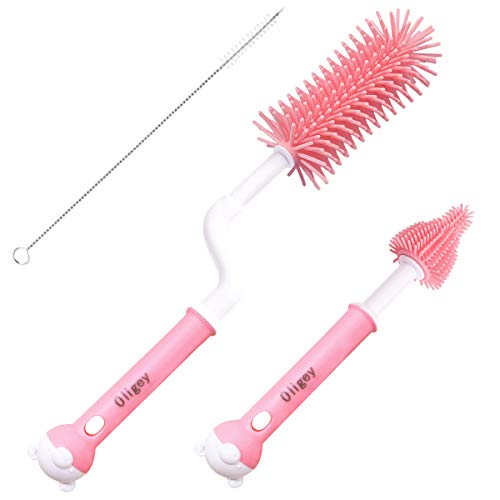 Image of Oligey Silicone Baby Bottle Brush Set Cleans Deep Container Nipple or Straw with Rotation Long Handle,3 in 1 Rubber Cleaning Kits Wash Infant Pacifier Teat Nozzle or Breast Pump by Spinning Lug