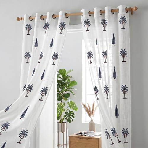 Image of LINENWALAS Decorative Cotton Linen Sheer Curtains 5 Feet for Window -Block Printed Door Curtain | Grommet Hanging Style Pack of 2 Panels |Light Filtering Sheer Drapes (Coastal Palms)