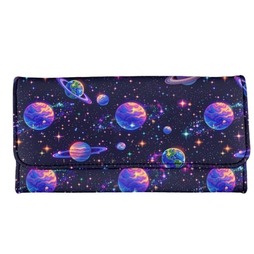 Image of AFPANQZ Planet Print Leather Wallets for Women RFID Blocking Checkbook Wallet with Cit Card Slots Phone Holder Zip Pocket, Buckle Closure, Ladies Purse