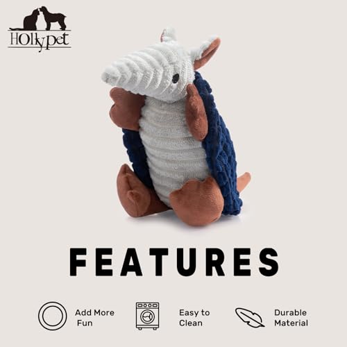 Image of Hollypet Plush Dog Squeaky Toy Stuffed Armadillo Animal Pet Puppy Chew Toys with Clean Teeth for Small Medium Large All Breed Sizes Dogs, Ultramarine, 8 in
