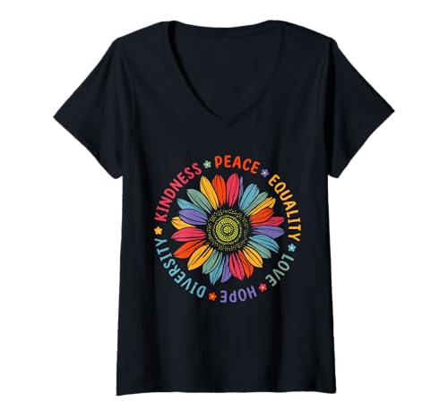 Womens World Peace Supporter Floral Sunflower Equality Kindness V-Neck T-Shirt
