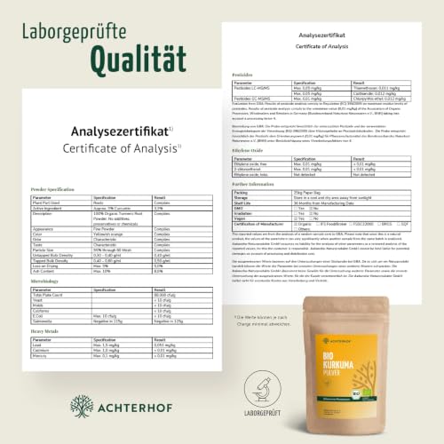Foto von Kurkuma Pulver Bio 500g | fein gemahlene Kurkumawurzel in Bio-Qualität | Ideal zur Zubereitung einer Goldenen Milch, als Zugabe in Tee, asiatischen Gerichten, würzigen Suppen & Co | vom Achterhof