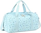 BTOOP Duffle Bag for Gym Sports Women Girls Workout Travel Bag Weekender with Shoe Compartment and Wet Pocket (Blue Bow-Floral)
