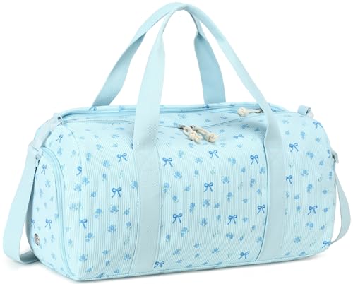 BTOOP Duffle Bag for Gym Sports Women Girls Workout Travel Bag Weekender with Shoe Compartment and Wet Pocket (Blue Bow-Floral)