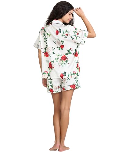 Image of YiNi LuLu Womens Silk Satin Shorts Pajamas Set Button Down 2 Piece Pjs Short Sleeve Oversized Sleepwear with Pockets