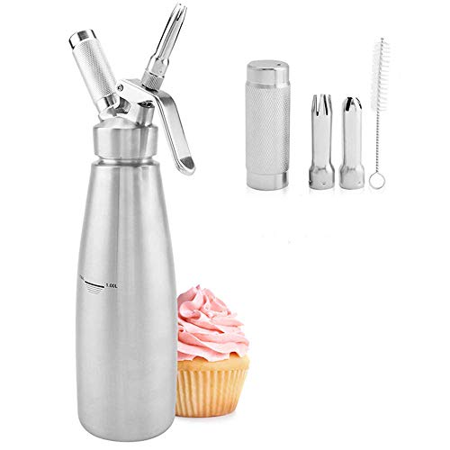 Premium Military Grade 1L Stainless Steel Cream Dispenser & Whipper with 3 Decorating Nozzles for Professional Quality Whipped Cream & Culinary Masterpieces