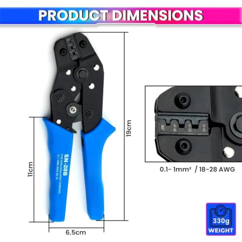 Image of XIKKART SN-28B Ratchet Crimping Tool for Non-Insulated Terminals, AWG 28-18 (0.1-1mm), Heavy Duty Wire Crimper with Ergonomic Anti-Slip Handle for Electrical Wiring, DIY & Electronics (SN-28B)