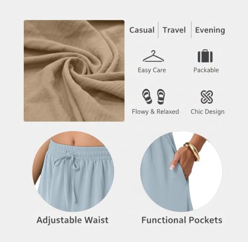 FREEOAK Women's Linen-Like High Waisted Pleated Midi Skirt with Pockets Flowy Summer Skirt for Vacation A-Line Boho