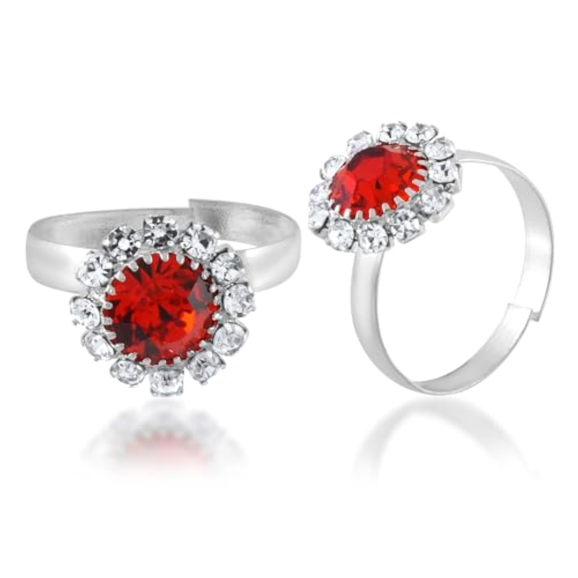 Women's Silver Plated Brass Red CZ Toe Rings, Traditional Design