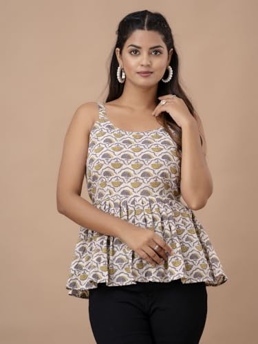 Image of feranoid Women Cotton Printed Sleeveless Strap Peplum Top