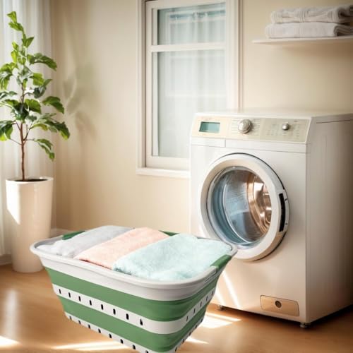 Image of SAMMART 42 (11 Gallons) Collapsible Plastic Laundry Basket, Foldable Pop Up Storage Container /Organizer, Space Saving Hamper, Portable Bin for Dorm Room Bathroom (1, Grey /Dark Sea Green)
