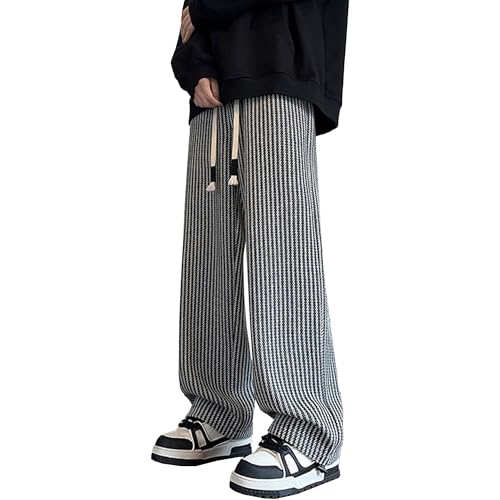Mens Elastic Drawstring Casual Straight Leg Pants Mid Waist Strpe Patterned Relax Fit Baggy Pant Summer Trousers