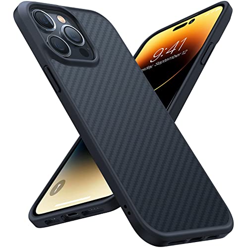TORRAS Shockproof Designed for iPhone 14 Pro Max Phone Case, Military Grade Drop Protection, Black Hard Back Slim Thin Semi-Clear iPhone 14 Pro Max Case 6.7'', Kevlar Black-Guardian Series