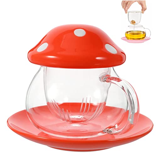 TUHNHGD Mushroom Mug with Infuser, Glass Coffee Cup, Tea Strainer, 290ml (Orange) with Coaster and Lid