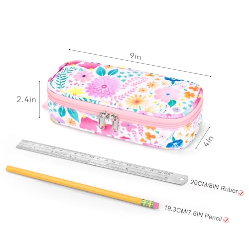 Image of mibasies Girls Pencil Case for Kids, Multi-Slot Pencil Pouch, Flower Pink White