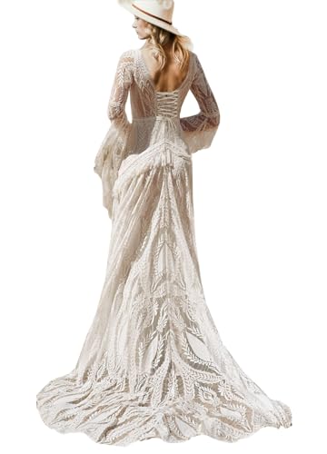 Women Beach Lace Wedding Dress V Neck Long Bell Sleeves Low Back Tasseled Boho Tasseled Formal Bridal Gowns