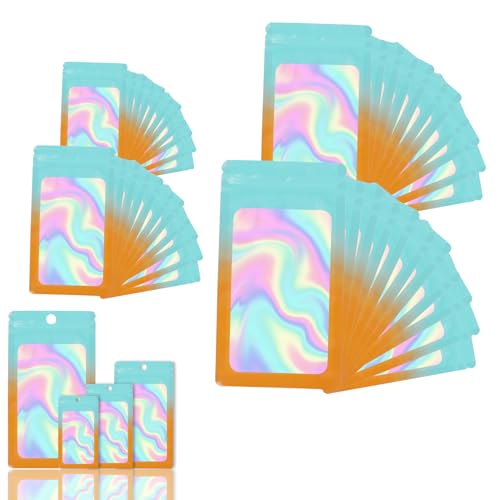 400 Pack 4 Size Bags with Clear Window,Scratch Resistant Hand Holographic Packaging Pouch,Resealable Bag for Small Bussiness Cookies Jewelry Candy Sample (Green Orange, 2.4×3.9,3x4.7,4×7,5.5×7.9 inch)