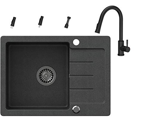 Spülbecken Schwarz mit Armatur 60 x 44 cm Einzelbecken Einbauspüle gesprenkelt reversibel Verbundspüle + Siphon Waschbecken Aramtur