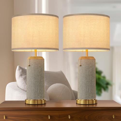 Boho Bedside Table Lamps Set - Vintage Linen Shade Nightstand