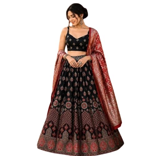 SWAMI STUDIO Women’s Semi Stitched Banarasi Silk Lehenga Choli with Dupatta Black & Red Designer Wedding Lehen