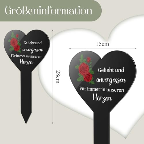 Photect Herz Grabstecker Schwarz Acryl Grabschmuck mit Gravur Geliebt und Unvergessen Träumen Gedenktafel Grabstein Grabdeko Wetterfest Gartenstecker für Grab(Bunte Rosen)
