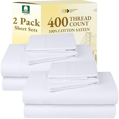 California Design Den 2-Pack Queen Bedsheet Sets - 400 Thread Count 100% Cotton Sateen - Soft and Breathable Sheets, 2 Sets of Deep Pocket Bed Sheets - Bright White - Thumbnail 3