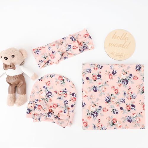 Image of DRESHOW BQUBO Baby Girl Newborn Receiving Blanket with Bow Hat Headband Wooden Birth Announcement Card Set Baby Floral Print Nursery Swaddle Wrap