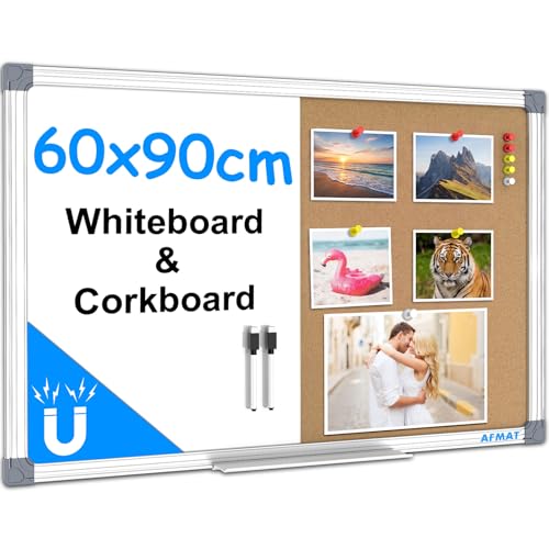 Image of AFMAT Cork Board White Board Combo, 60x90cm Cork Board Magnetic Dry Erase Board for Wall, Wall Mounted Hanging Notice Board with Silver Frame, Bulletin Board Vision Board for Home Office School WB03
