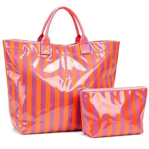 Sac fourre-tout en PVC à rayures avec trousse de maquillage