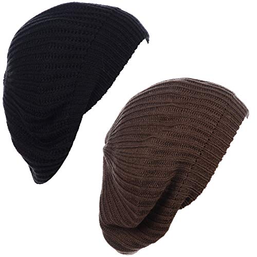 BYOS Ladies Winter Solid Chic Slouchy Ribbed Crochet Knit Beret Beanie Hat W/WO Flower Adornment