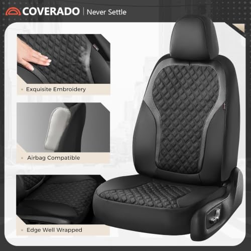 Image of Coverado Front Seat Covers, Luxury Diamond Leather Car Seat Cover with Carbon Fibre Weave Design, Waterproof Car Seat Protectors, Black Driver Seat Covers Universal Fit for Cars SUV Trucks